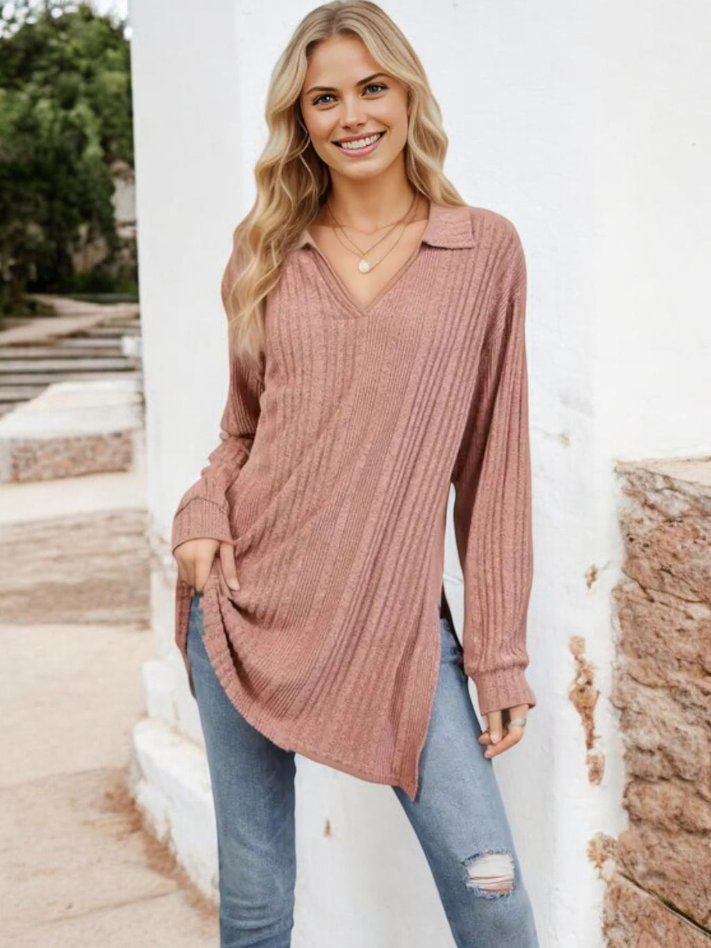 Long Sleeve Collared Ribbed Knit Sweater with Side Slits