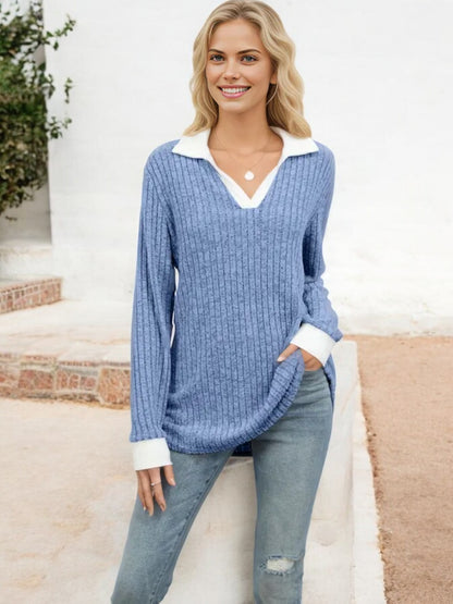 Collared Ribbed Knit Sweater with Contrast Trim Cuffs