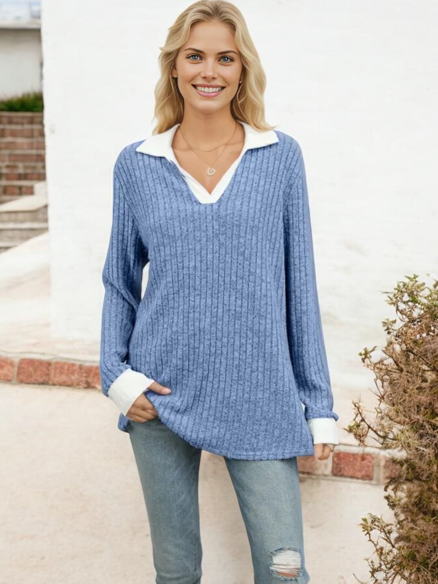 Collared Ribbed Knit Sweater with Contrast Trim Cuffs