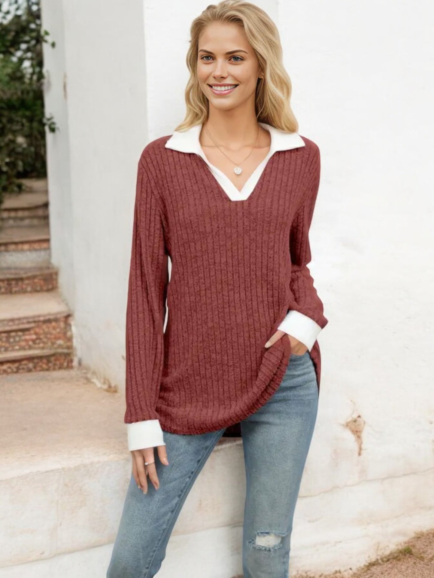 Collared Ribbed Knit Sweater with Contrast Trim Cuffs