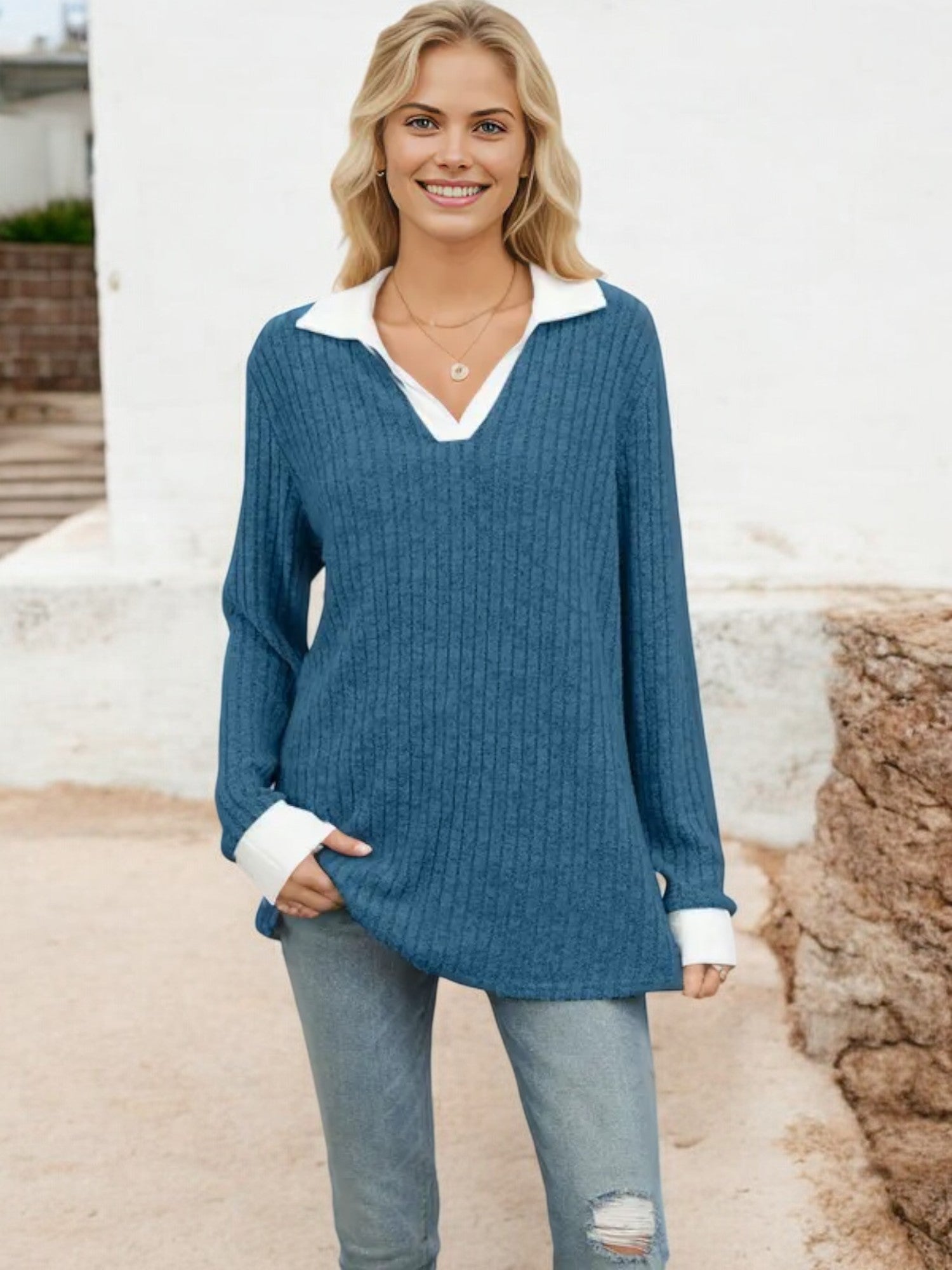Collared Ribbed Knit Sweater with Contrast Trim Cuffs