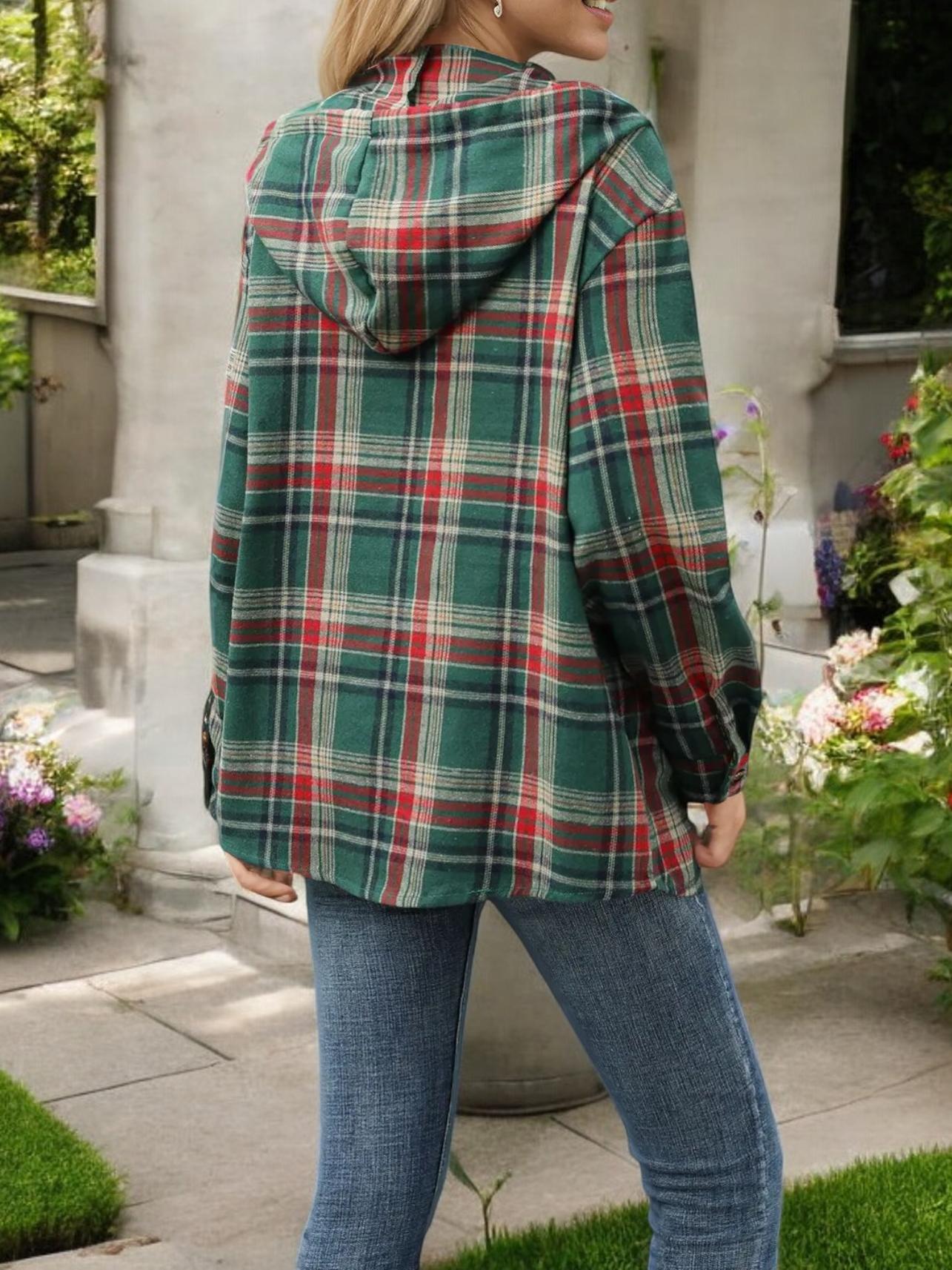 Plaid Hooded Button-Up Shirt with Drawstring Detail