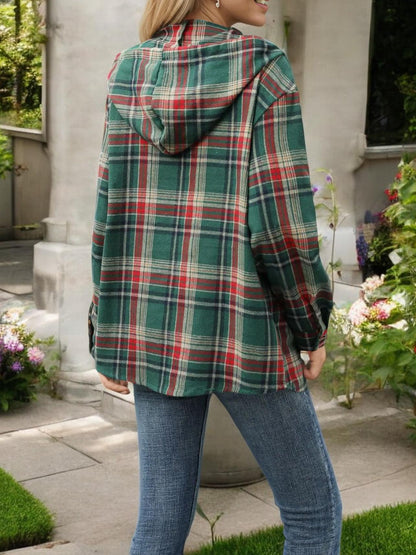 Plaid Hooded Button-Up Shirt with Drawstring Detail