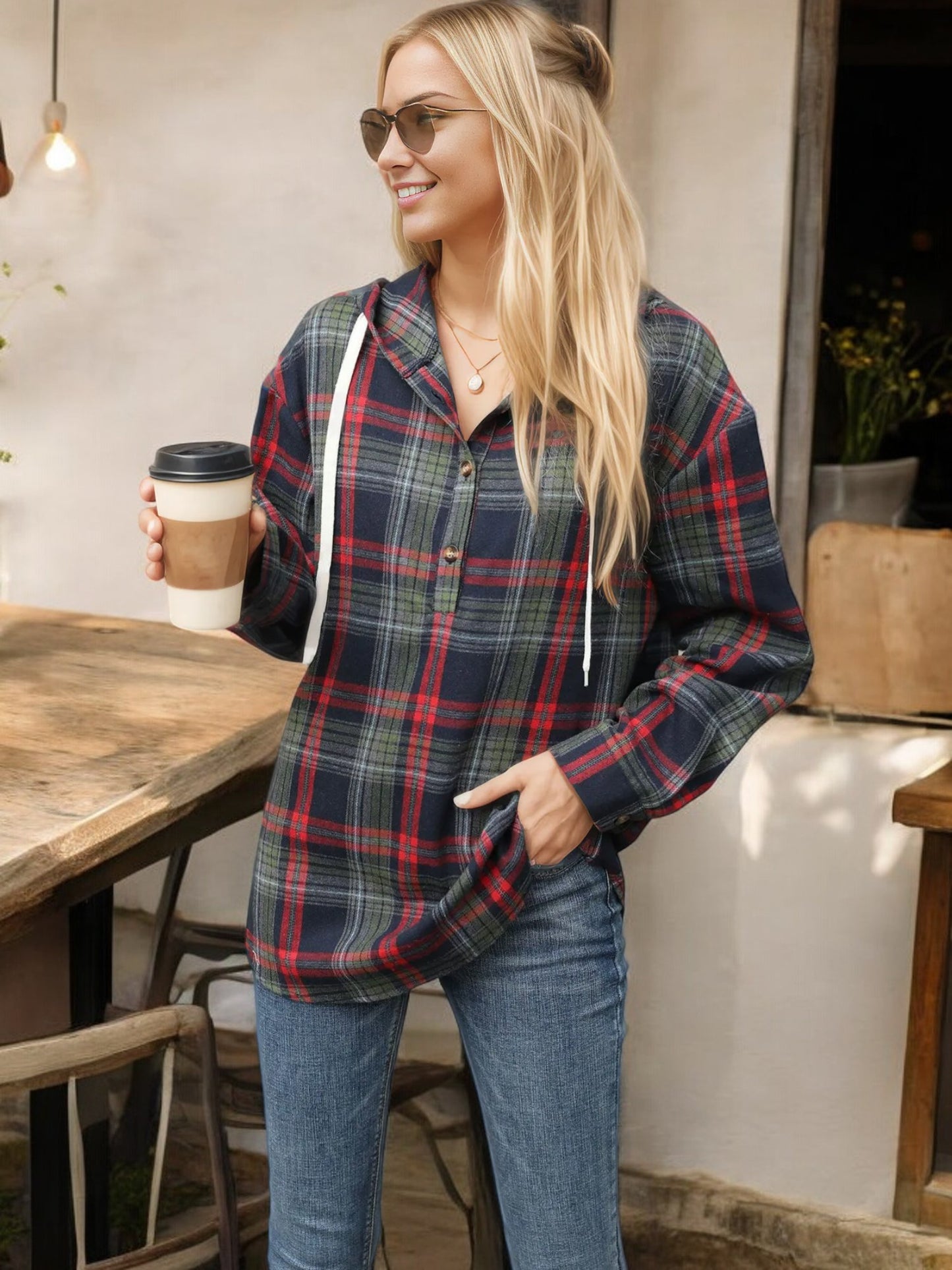 Plaid Hooded Button-Up Shirt with Drawstring Detail