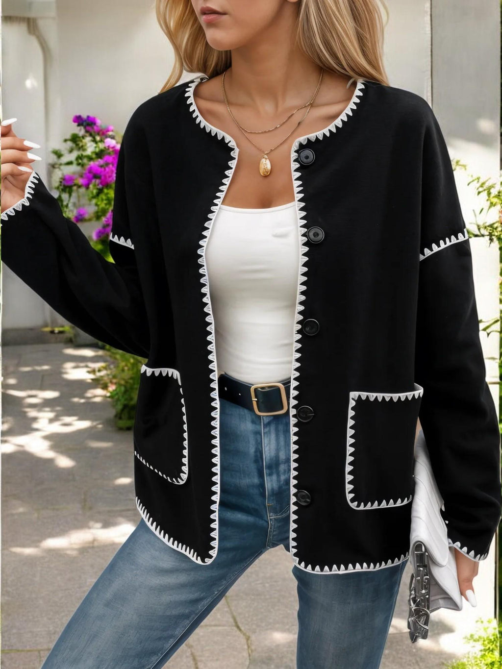 Contrast Trim Button-Up Cardigan with Front Pockets