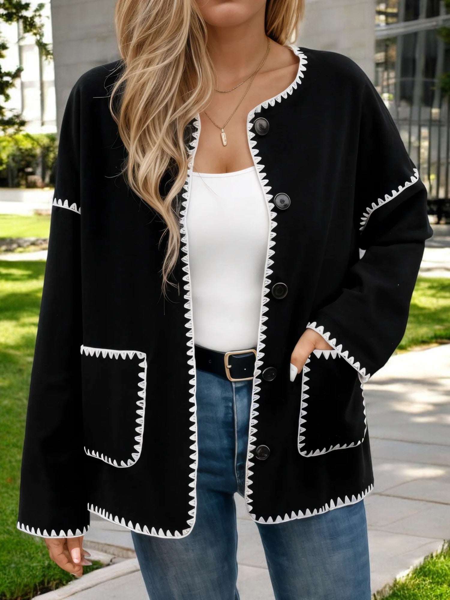 Contrast Trim Button-Up Cardigan with Front Pockets
