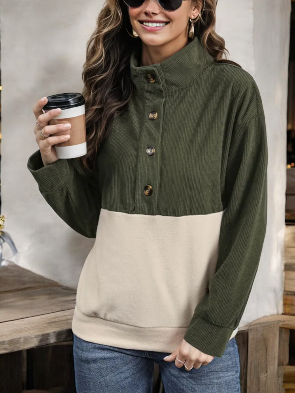 Colorblock Corduroy Button-Up Shirt with Collared Neck