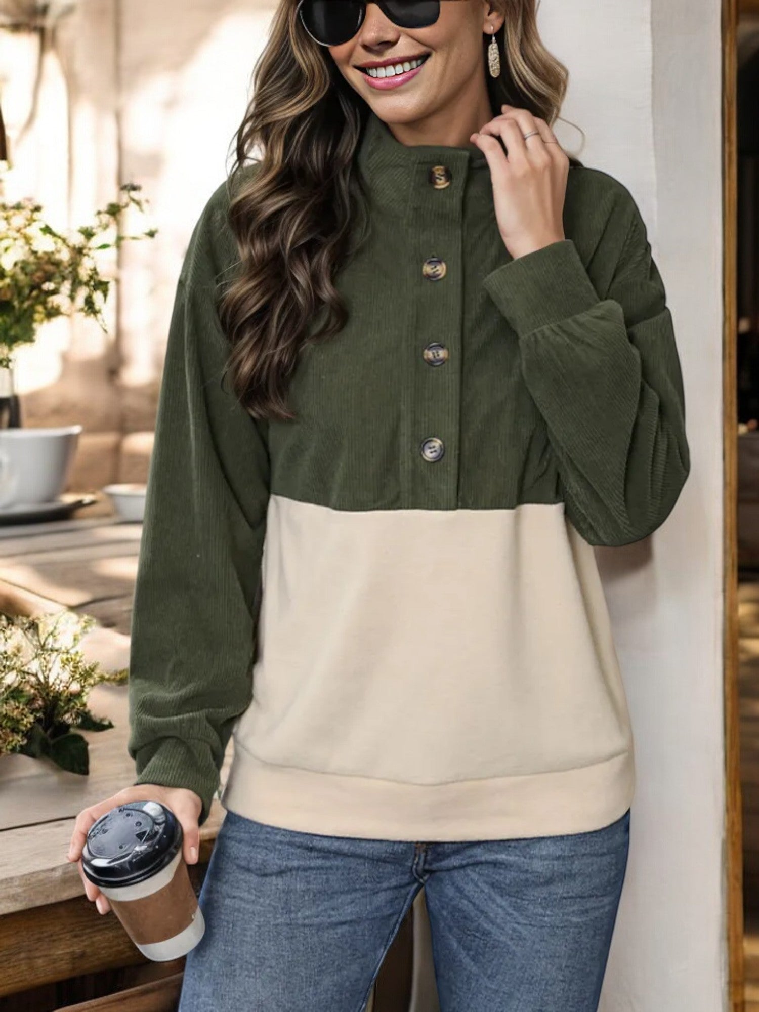 Colorblock Corduroy Button-Up Shirt with Collared Neck