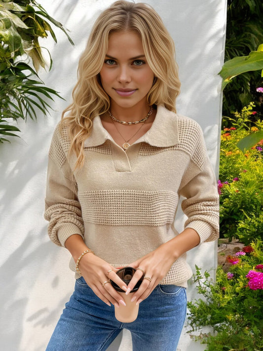 Striped Polo Collar Knit Sweater with Long Sleeves