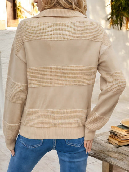 Striped Polo Collar Knit Sweater with Long Sleeves