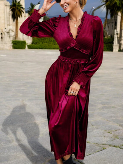 Long Sleeve Velvet Midi Dress with Ruffle Trim and Elastic Waist