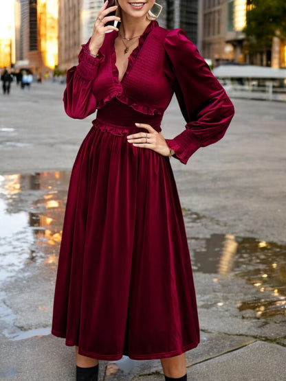 Long Sleeve Velvet Midi Dress with Ruffle Trim and Elastic Waist