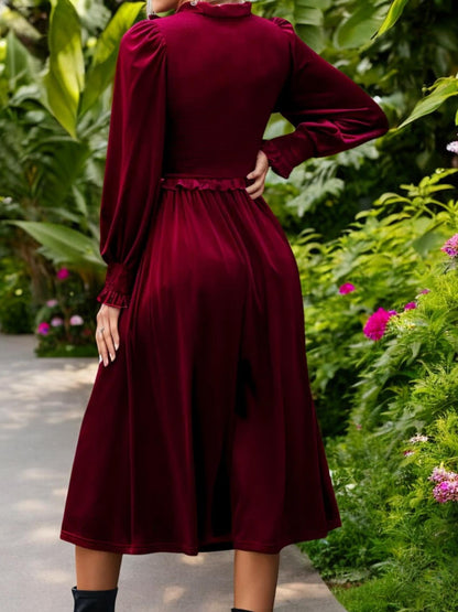 Long Sleeve Velvet Midi Dress with Ruffle Trim and Elastic Waist