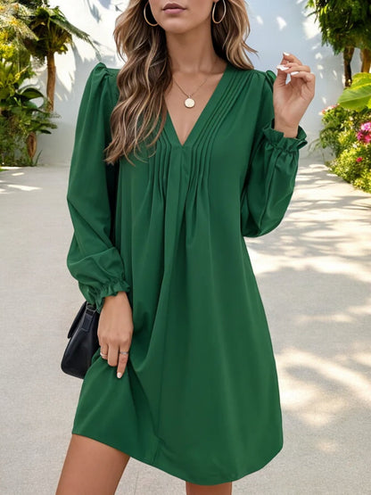 Long Sleeve V-Neck Shift Dress with Pleated Detail