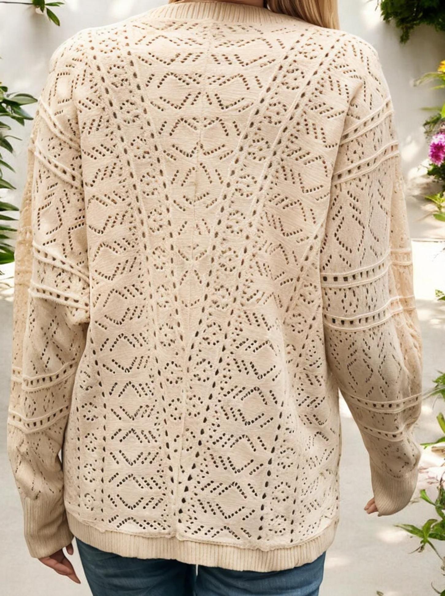 Open Knit Cardigan with Long Sleeves and Relaxed Fit