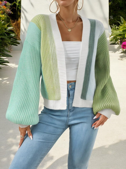 Colorblock Open Front Cardigan with Balloon Sleeves