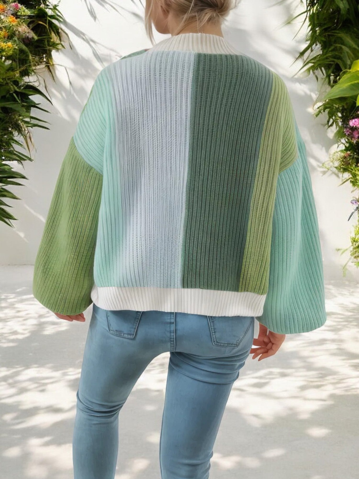 Colorblock Open Front Cardigan with Balloon Sleeves