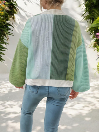 Colorblock Open Front Cardigan with Balloon Sleeves