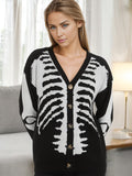 Skeleton Print Button-Up Cardigan with V-Neck