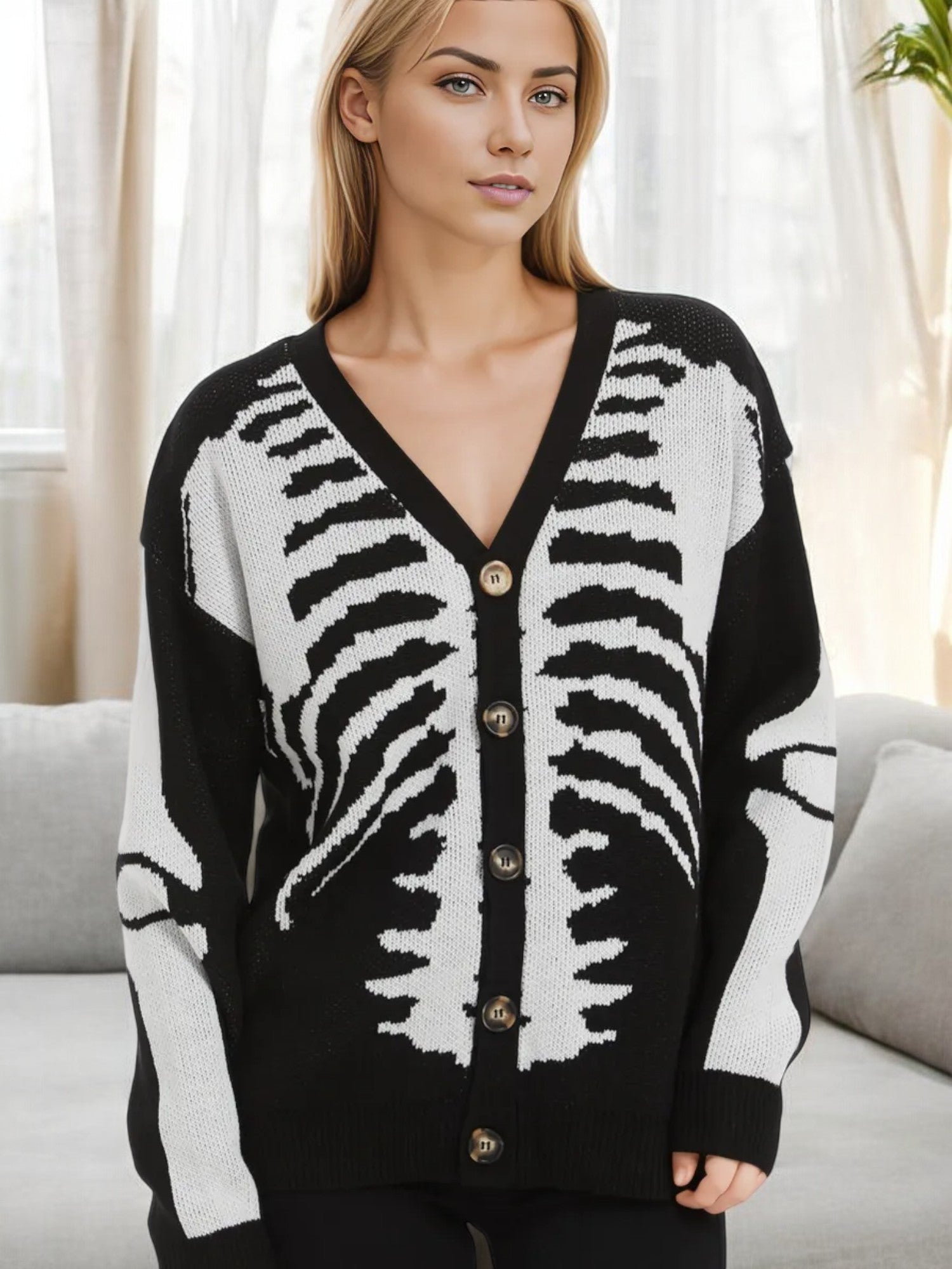 Skeleton Print Button-Up Cardigan with V-Neck