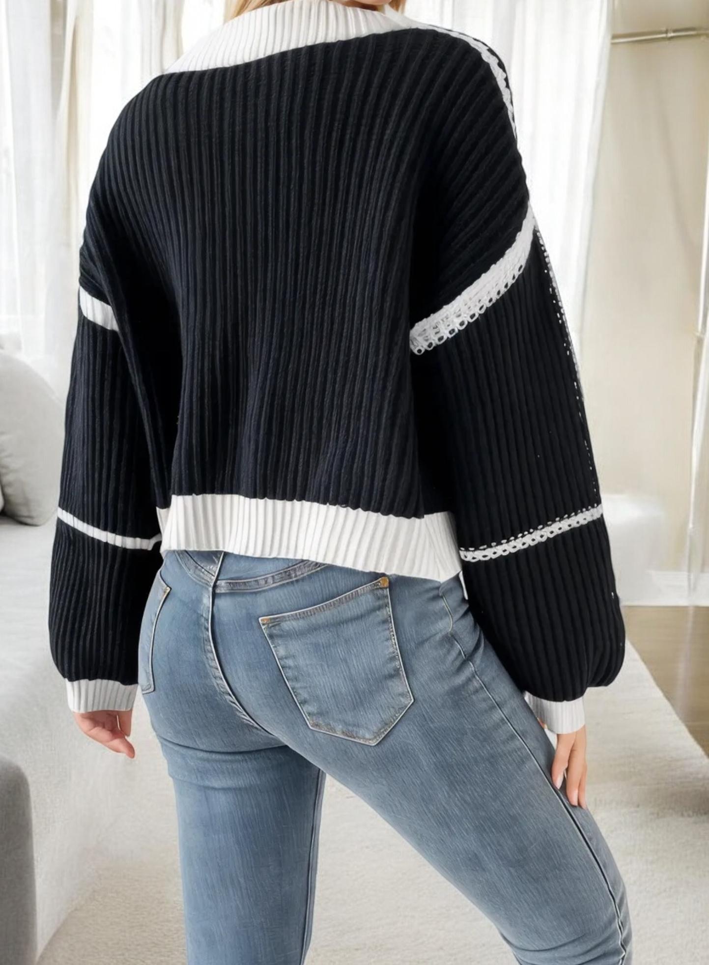 Open Front Plaid Knit Cardigan with Balloon Sleeves