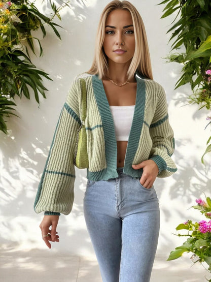 Open Front Plaid Knit Cardigan with Balloon Sleeves