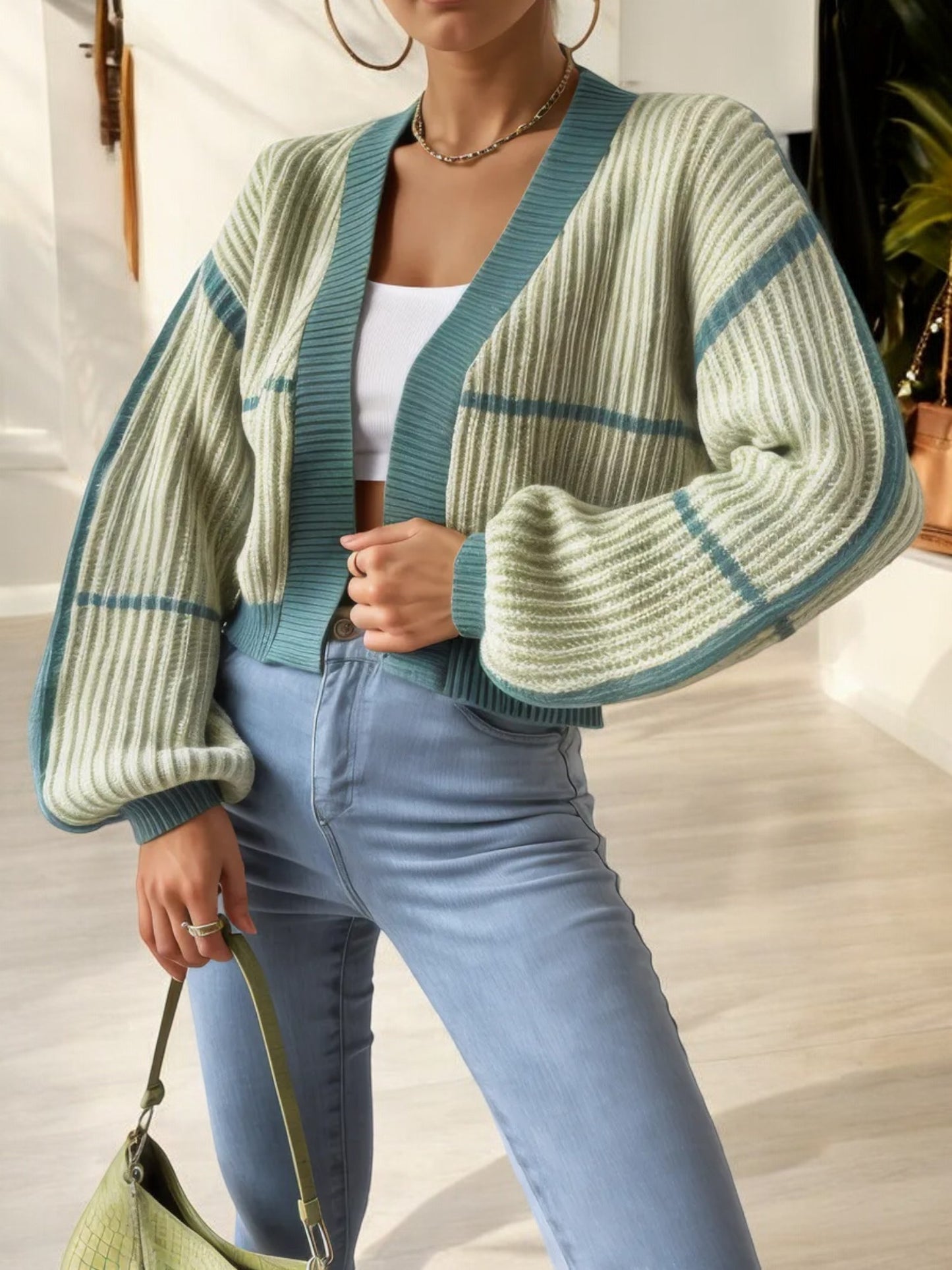 Open Front Plaid Knit Cardigan with Balloon Sleeves