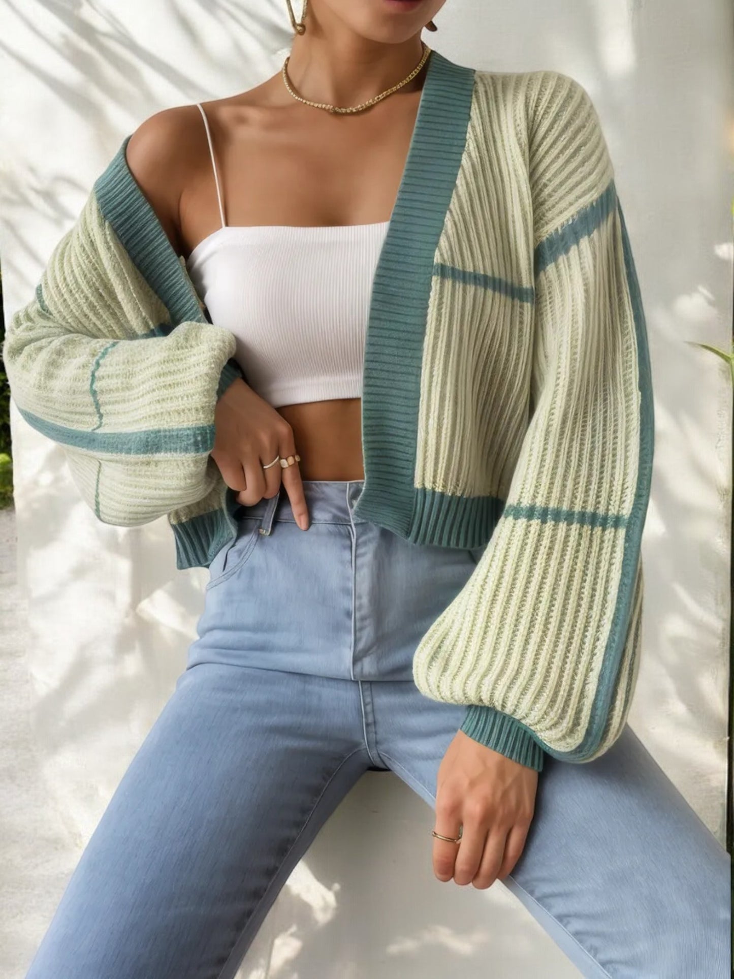 Open Front Plaid Knit Cardigan with Balloon Sleeves
