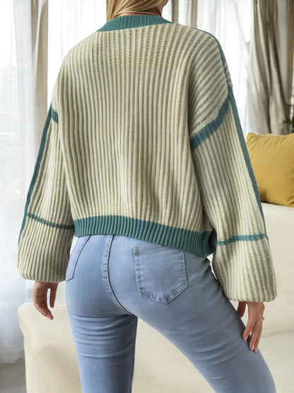 Open Front Plaid Knit Cardigan with Balloon Sleeves