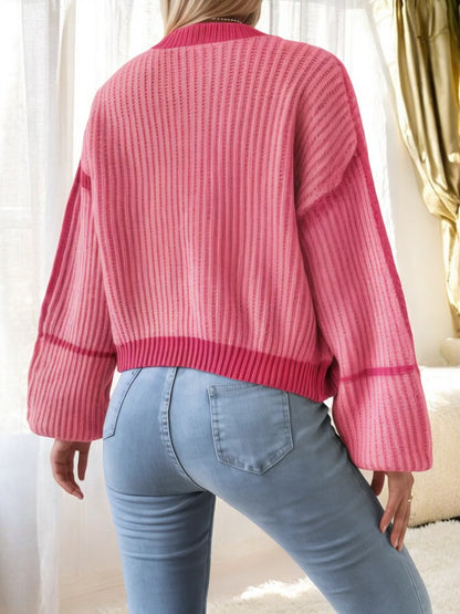 Open Front Plaid Knit Cardigan with Balloon Sleeves
