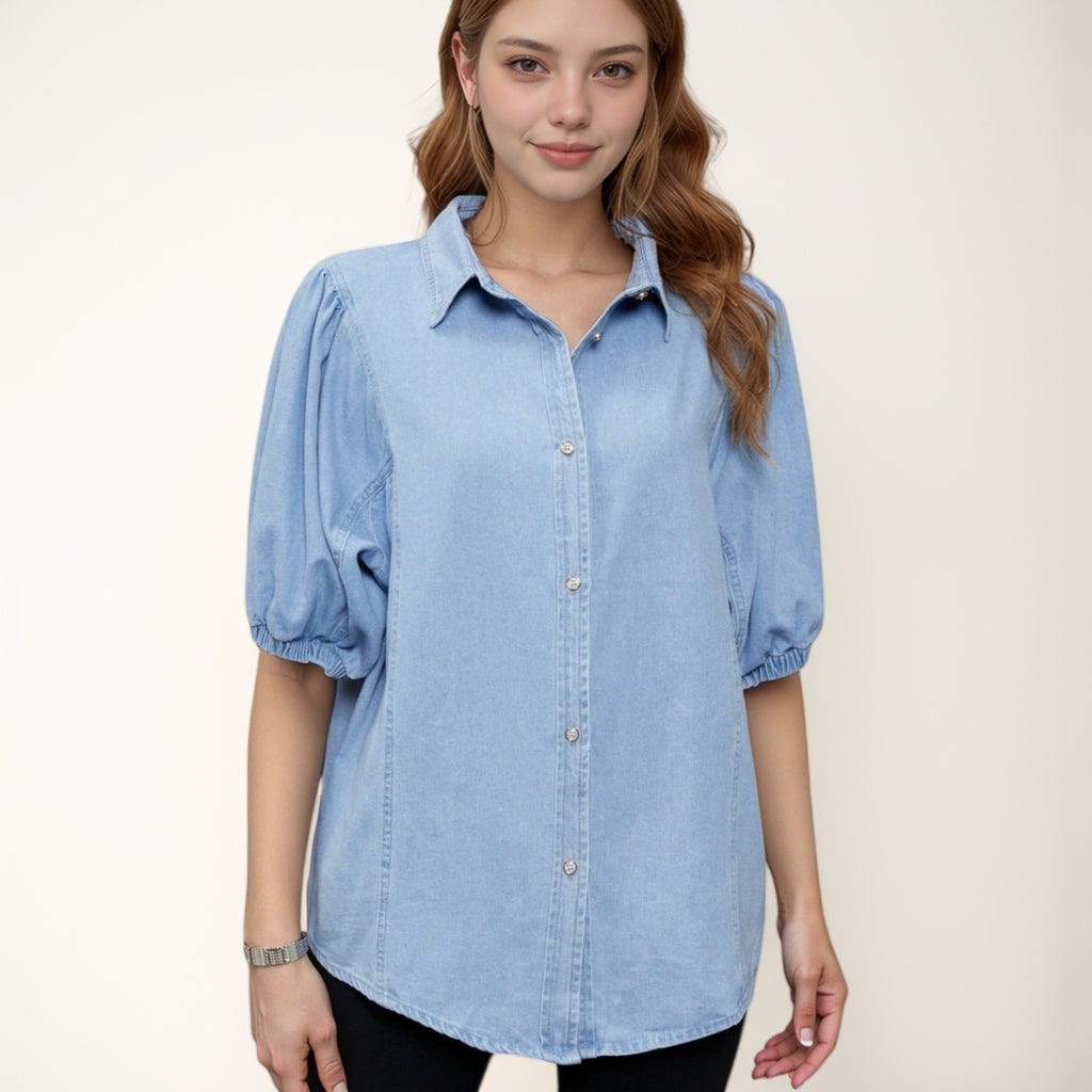 Anna-Kaci Women's Denim Button Down Shirt with Puff Elbow Sleeves and Relaxed Collared Fit