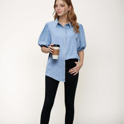 Anna-Kaci Women's Denim Button Down Shirt with Puff Elbow Sleeves and Relaxed Collared Fit