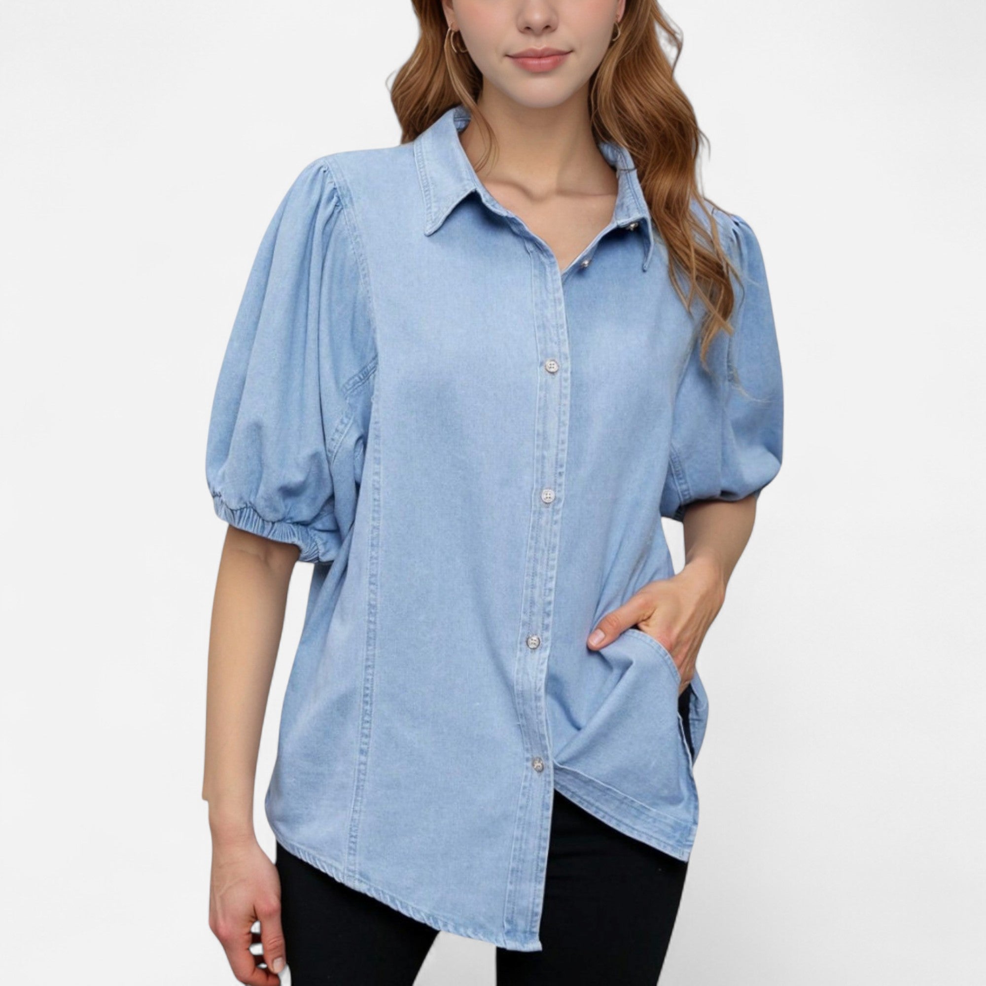 Anna-Kaci Women's Denim Button Down Shirt with Puff Elbow Sleeves and Relaxed Collared Fit