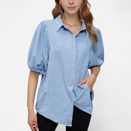Anna-Kaci Women's Denim Button Down Shirt with Puff Elbow Sleeves and Relaxed Collared Fit