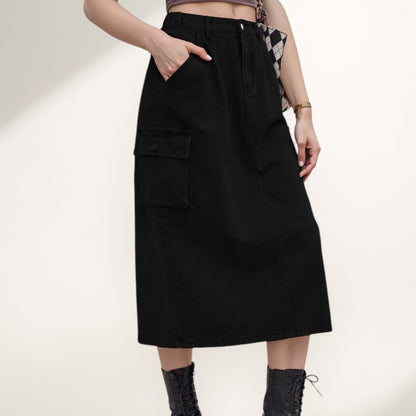 Anna-Kaci Women's Utility Midi Skirt with Side Cargo Pockets Button Waistband and Belt Loops