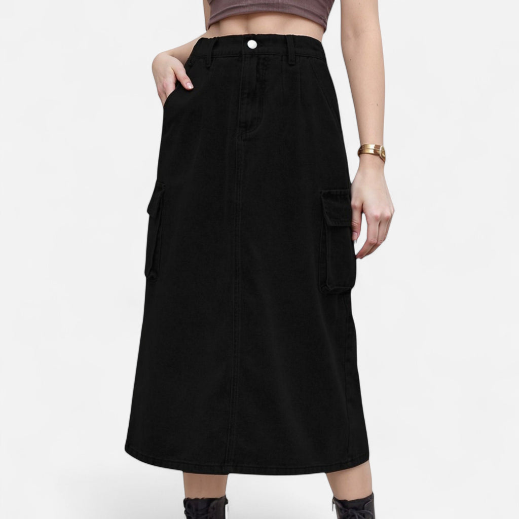 Anna-Kaci Women's Utility Midi Skirt with Side Cargo Pockets Button Waistband and Belt Loops