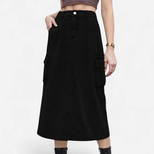Anna-Kaci Women's Utility Midi Skirt with Side Cargo Pockets Button Waistband and Belt Loops