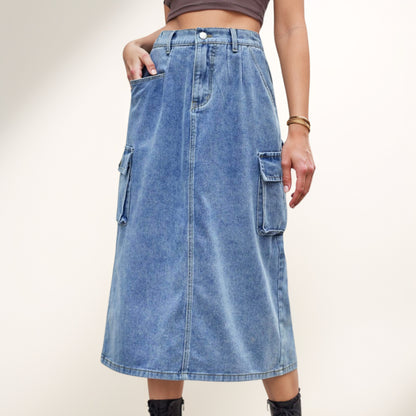 Anna-Kaci Women's Utility Midi Skirt with Side Cargo Pockets Button Waistband and Belt Loops