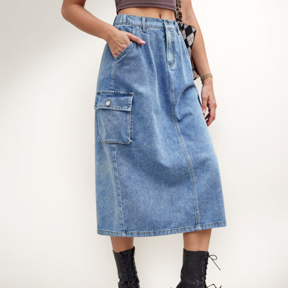 Anna-Kaci Women's Utility Midi Skirt with Side Cargo Pockets Button Waistband and Belt Loops