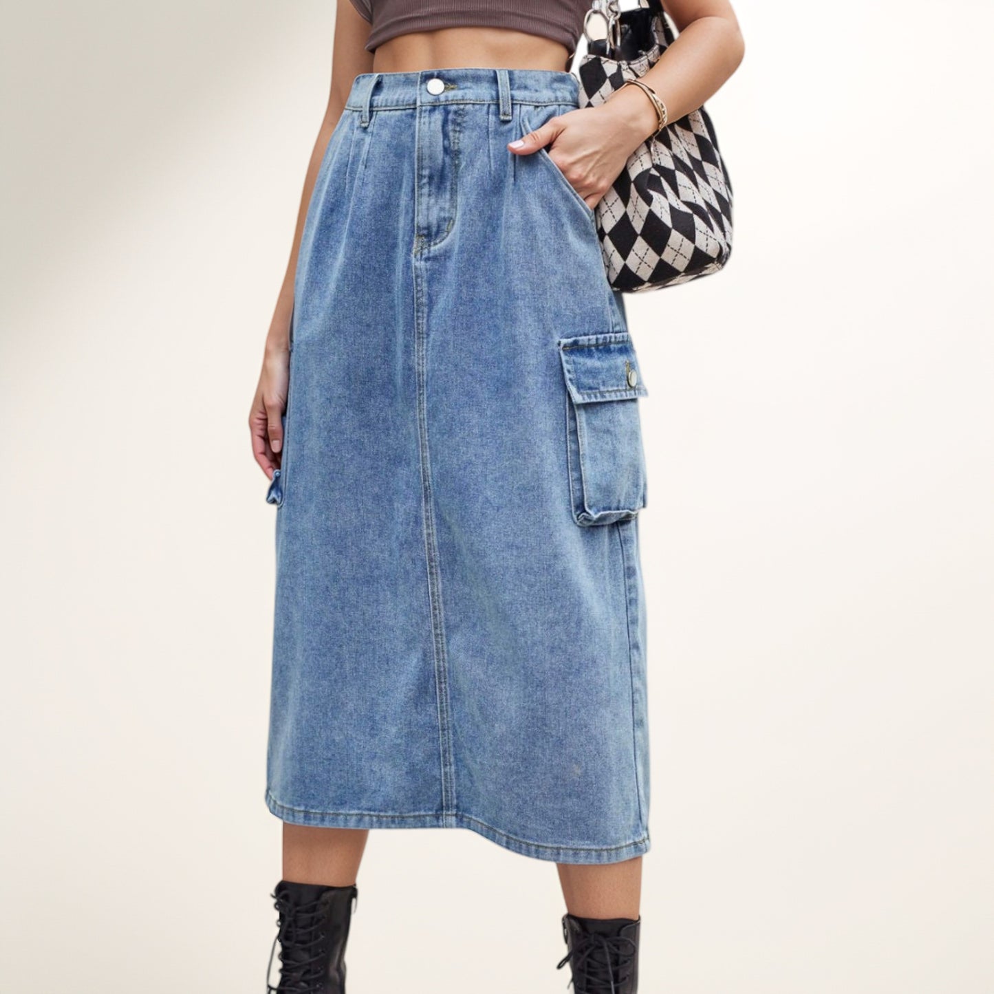 Anna-Kaci Women's Utility Midi Skirt with Side Cargo Pockets Button Waistband and Belt Loops