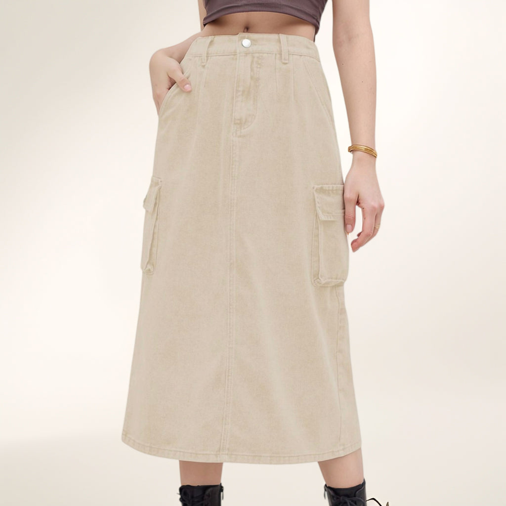 Anna-Kaci Women's Utility Midi Skirt with Side Cargo Pockets Button Waistband and Belt Loops