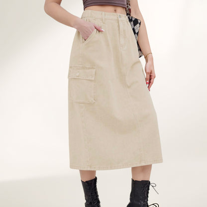 Anna-Kaci Women's Utility Midi Skirt with Side Cargo Pockets Button Waistband and Belt Loops