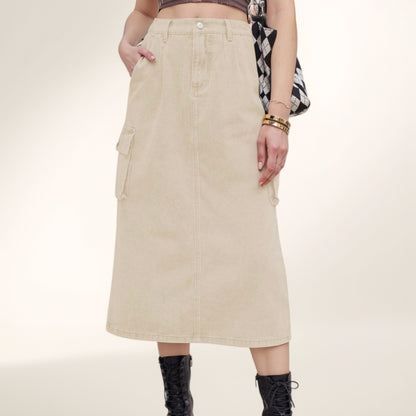 Anna-Kaci Women's Utility Midi Skirt with Side Cargo Pockets Button Waistband and Belt Loops