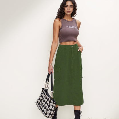 Anna-Kaci Women's Utility Midi Skirt with Side Cargo Pockets Button Waistband and Belt Loops
