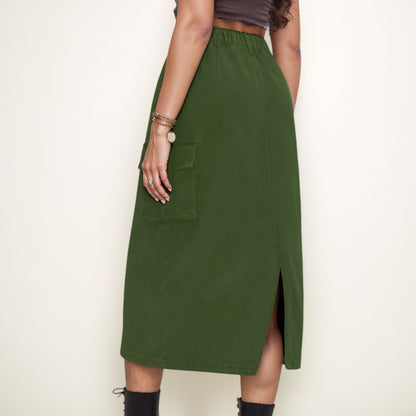 Anna-Kaci Women's Utility Midi Skirt with Side Cargo Pockets Button Waistband and Belt Loops