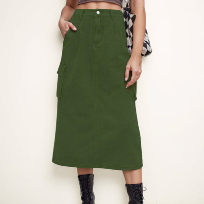 Anna-Kaci Women's Utility Midi Skirt with Side Cargo Pockets Button Waistband and Belt Loops