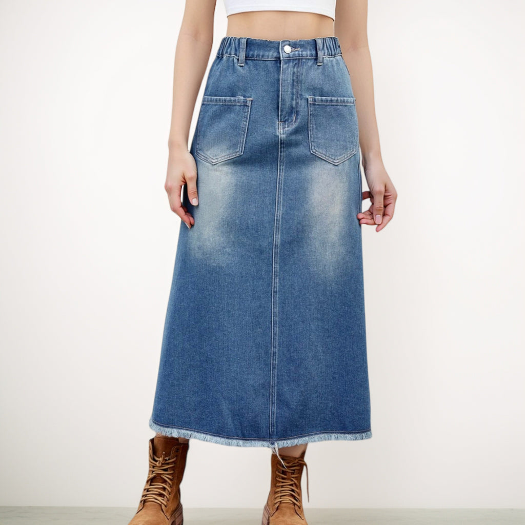 Anna-Kaci Women's High Waist A-Line Denim Maxi Skirt with Front Patch Pockets and Raw Hem Detail