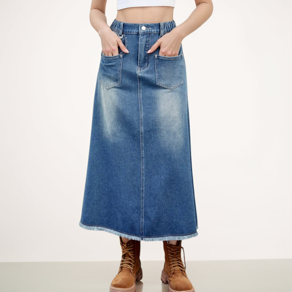Anna-Kaci Women's High Waist A-Line Denim Maxi Skirt with Front Patch Pockets and Raw Hem Detail