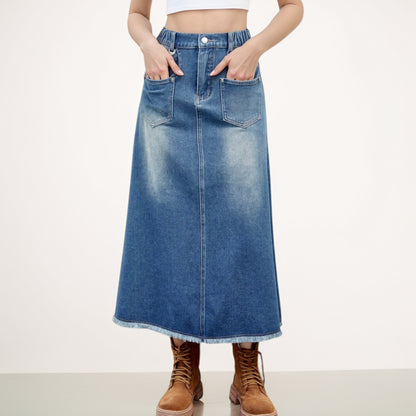 Anna-Kaci Women's High Waist A-Line Denim Maxi Skirt with Front Patch Pockets and Raw Hem Detail