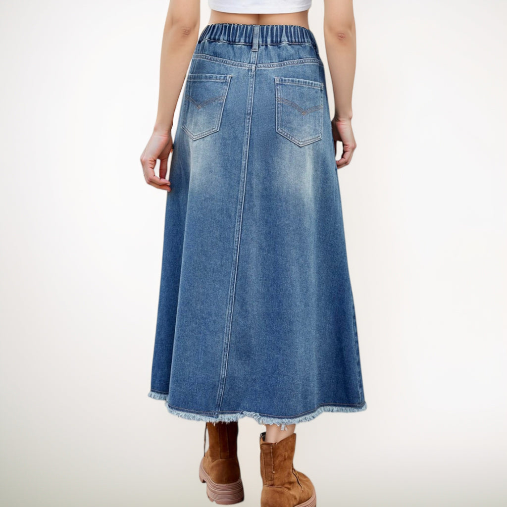Anna-Kaci Women's High Waist A-Line Denim Maxi Skirt with Front Patch Pockets and Raw Hem Detail